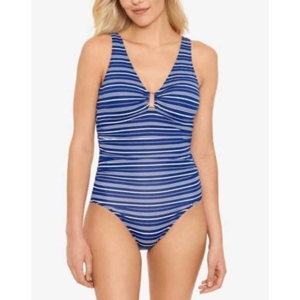 Ralph Lauren tummy control one piece bathing suit blue stripes nautical vacation